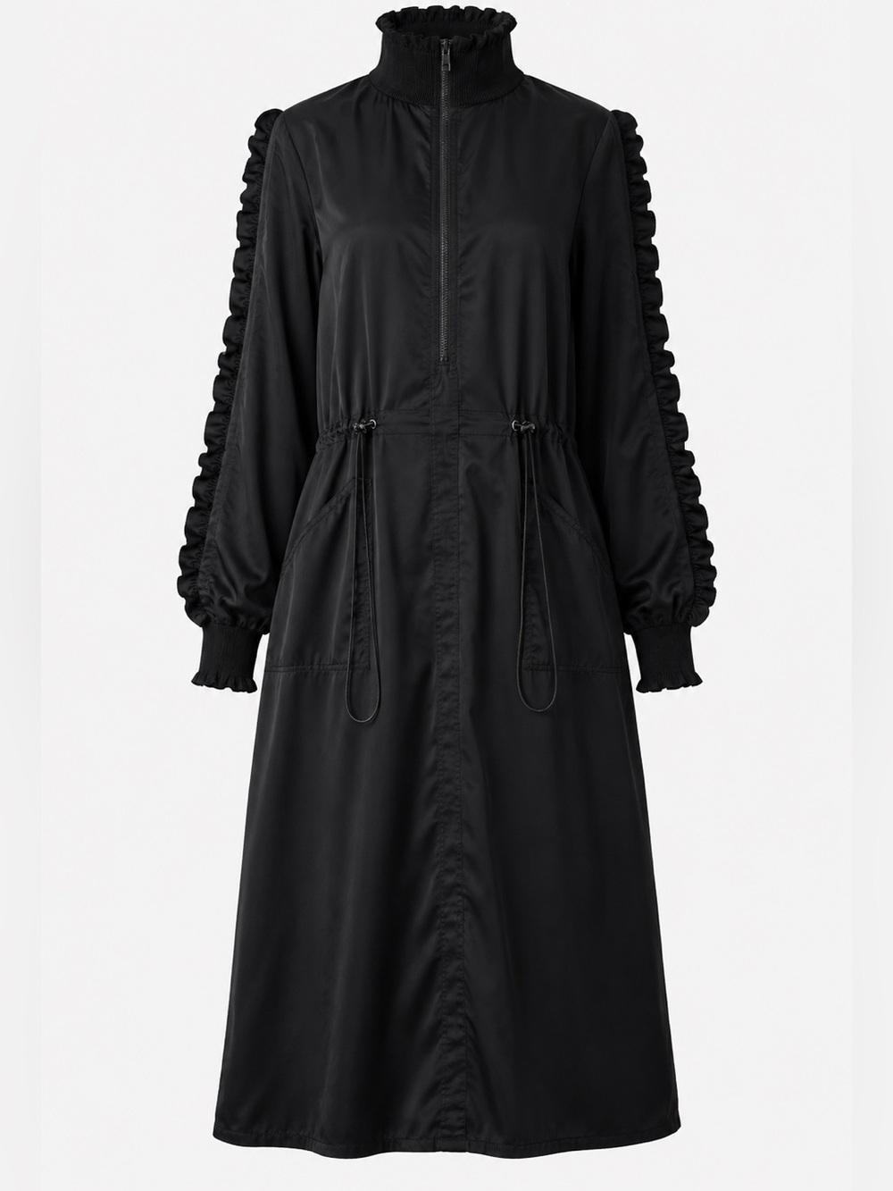 H&M Black Satin Ruffle Drawstring Midi Dress Size 4